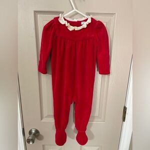 Ralph Lauren long-sleeve footed velour coverall in red with a white collar. 9M.